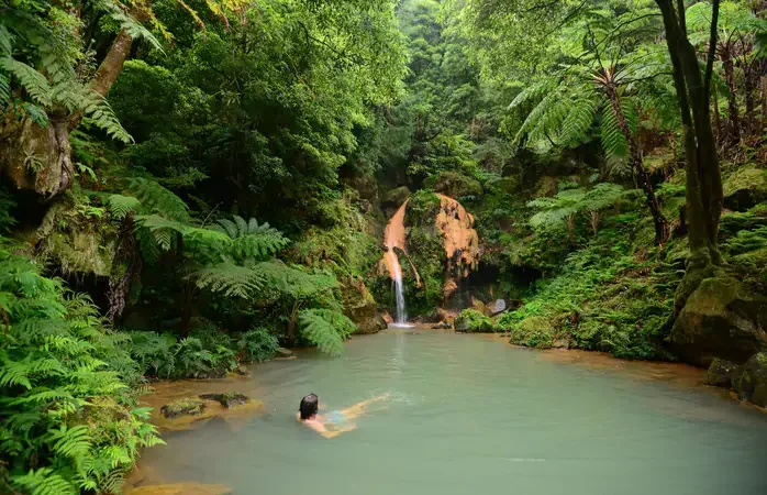 Caldeira Velha hot springs, island of Sao Miguel, Azores, Atlantic ocean, Portugal.