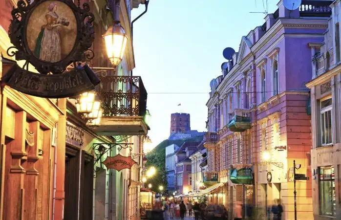 Vilnius, Lithuania - May 24, 2016: Gediminas Tower viewed from Pilies Street late in the evening in Vilnius, Lithuania. Gediminas Tower is also called as Upper Castle.