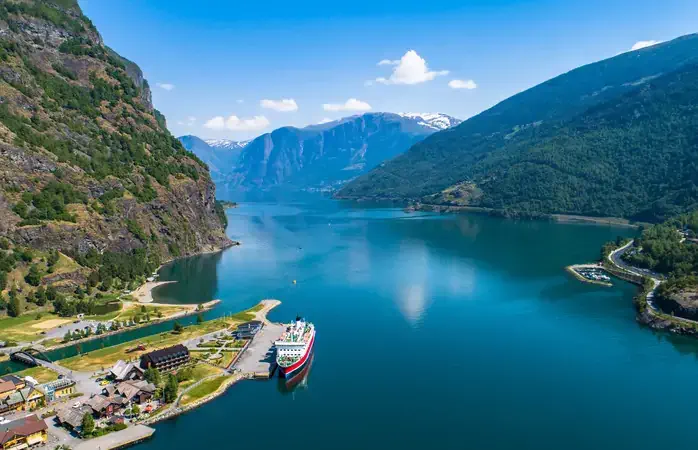 Aerial view of Flam village. Norway.