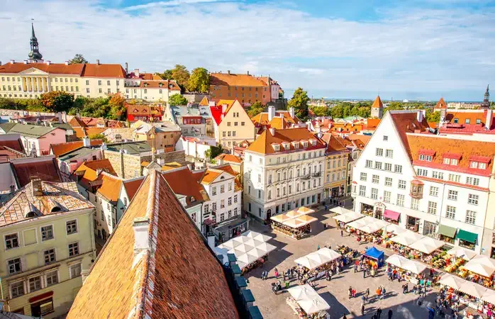 Aerial view on the old town with main central square in Tallin, Estonia