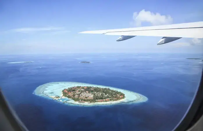 Aerial view of islands and atolls, Maldives, Indian Ocean